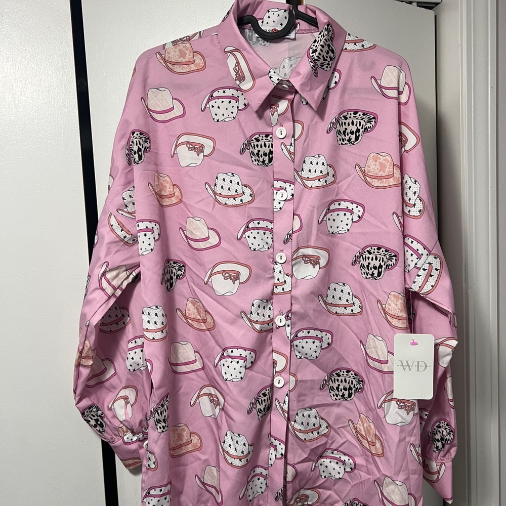 Pink Button Down Shirt with Playful Print